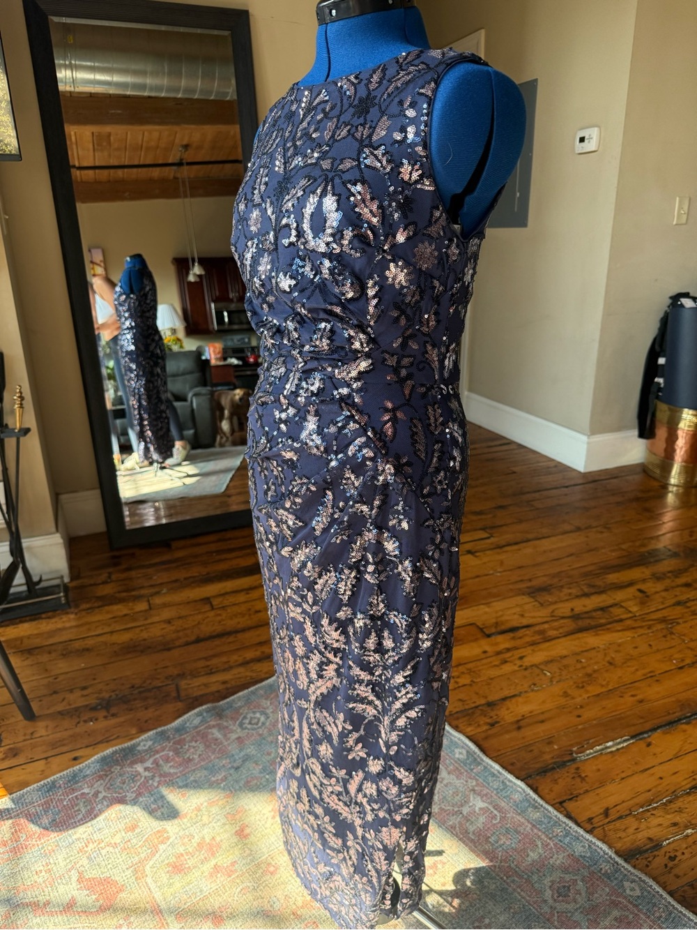 ✨ JS Collections Navy and Rose Gold Sequin Floral Sheath Gown, Size 4 ✨